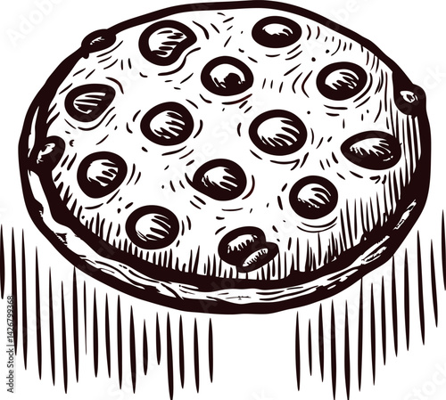 Black and white of a traditional round pie with crust and filling detail