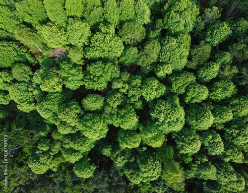 Aerial top view of lush green trees in a dense forest, symbolizing carbon capture and nature-based solutions for climate action. Ideal for concepts of carbon neutrality, net zero emissions, and sustai photo