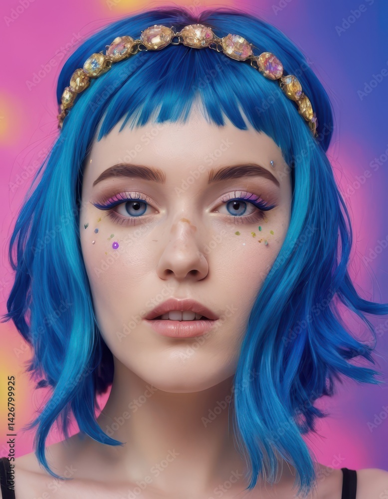 Naklejka premium Vibrant Blue Bob Haircut with Crystal Headband Edgy Short Hairstyle Inspiration