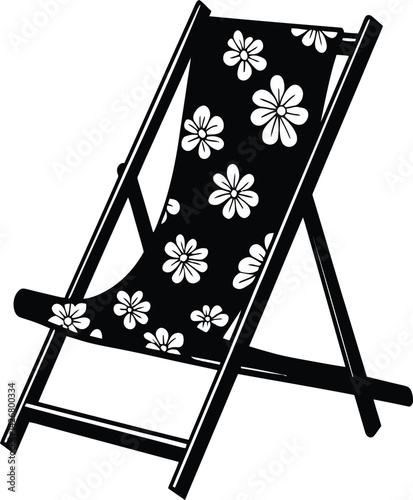 Elegant wooden folding deck chair with black floral-patterned fabric seat, stylish and comfortable outdoor furniture for garden and beach
