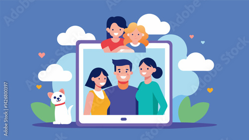 A beautiful addition to any petloving household a cloudconnected photo frame that captures the hearts of pet owners with joyful images of their furry. Vector illustration