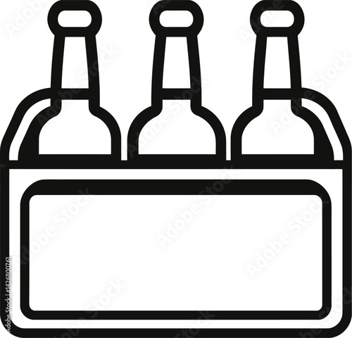 Black and white vector illustration of a six-pack carrier holding three bottles, simple and clean design, perfect for beverage and packaging concepts