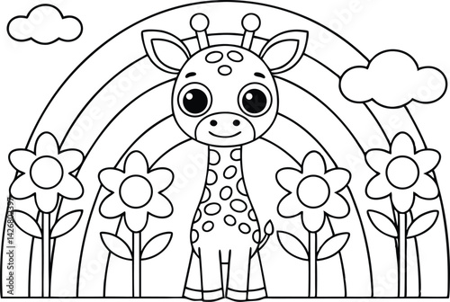 Line art giraffe with flowers and rainbow cartoon for kids coloring
