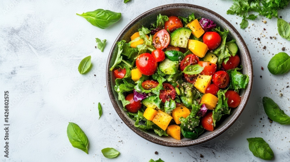 Healthy vegetable salad in a bowl on kitchen table, isolated on white background Healthy vegetable salad in a bowl on kitchen table, isolated on white background