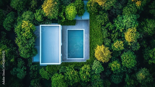 Modern home nestled in a lush forest with a pool