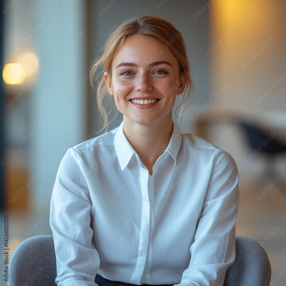 Smiling Woman in Bright Office Setting with Warm Lighting Smiling Woman in Bright Office Setting with Warm Lighting