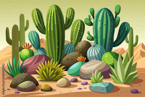 vector of A group of cactus plants and stones