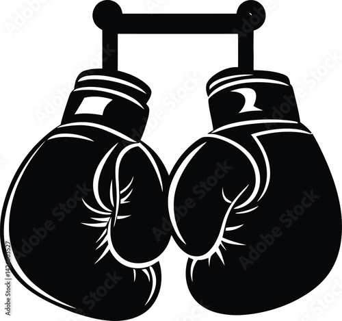 Boxing Gloves Hanging from Bar, Black White Sports Equipment Illustration