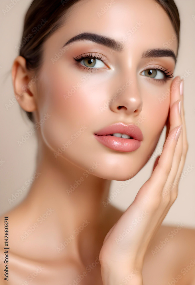 A stunning young lady with flawless complexion enjoys a serene beauty moment A stunning young lady with flawless complexion enjoys a serene beauty moment