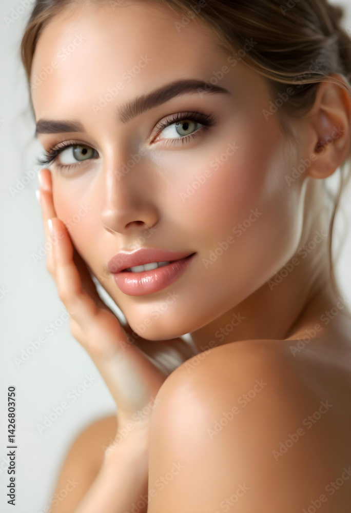 A pretty model with clear skin touches her cheek in natural sunlight A pretty model with clear skin touches her cheek in natural sunlight