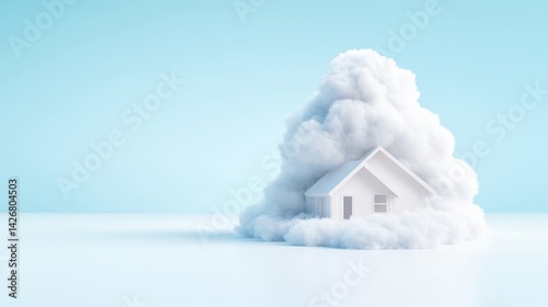 House in Fluffy Clouds Minimalist Style High-resolution Rendering Wide Shot Soft Focus Dreamy Home Concept Light Blue Background Serene Mood Ideal for Real Estate Ads