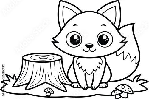 Outline fox sits by tree stump with mushrooms in black and white line