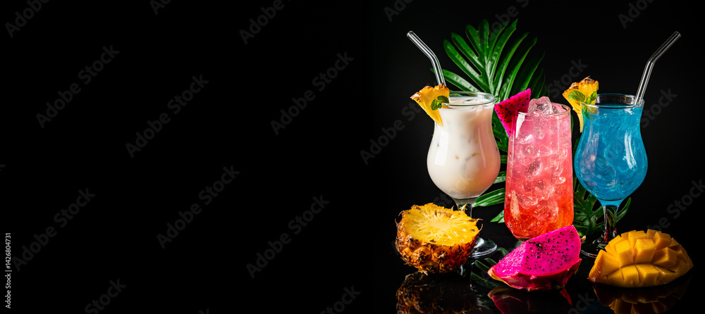 Set of summer classic tropical alcoholic cocktails on black background