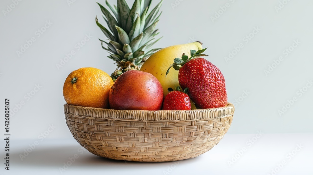 Close-up of fresh fruits in basket on table, isolated on white background Close-up of fresh fruits in basket on table, isolated on white background