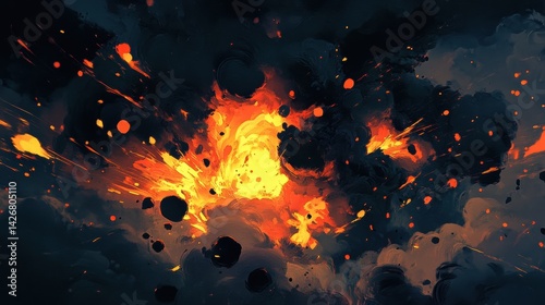 A dynamic and intense scene featuring a powerful explosion, with vibrant flames and dark black smoke rendered in an anime style. photo