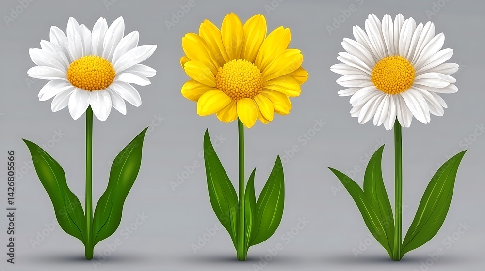 Three realistic daisies two white, one yellow, with green leaves, isolated on grey Three realistic daisies two white, one yellow, with green leaves, isolated on grey
