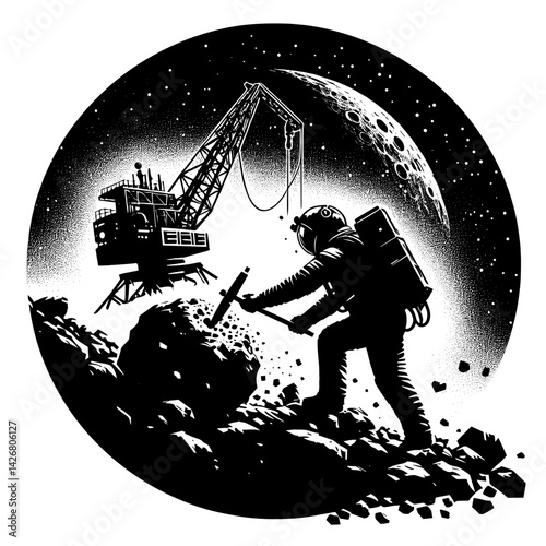 Astronaut mining rocks on the moon with a space crane background  