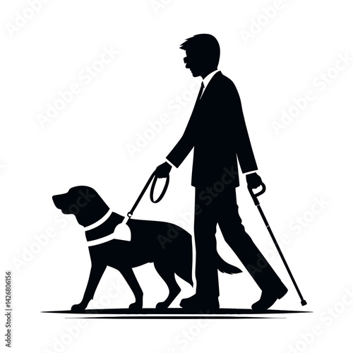 Man walking a guide dog in silhouette  