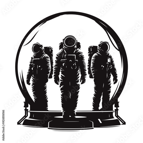 Astronauts in space suits standing inside a glass dome  