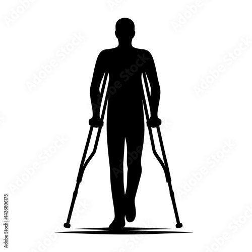 Silhouette of a person walking with crutches on a white background  