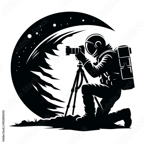 Astronaut capturing photos in space against a crescent moon  