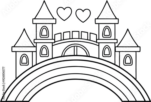 Castle outline with hearts and rainbow bridge on white background