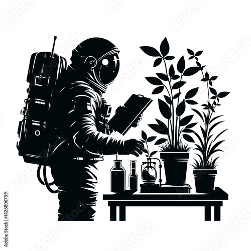 Astronaut observing plants and conducting experiments in space  