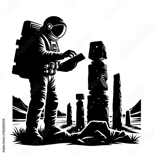 Astronaut examining ancient stone structures in a mysterious landscape  