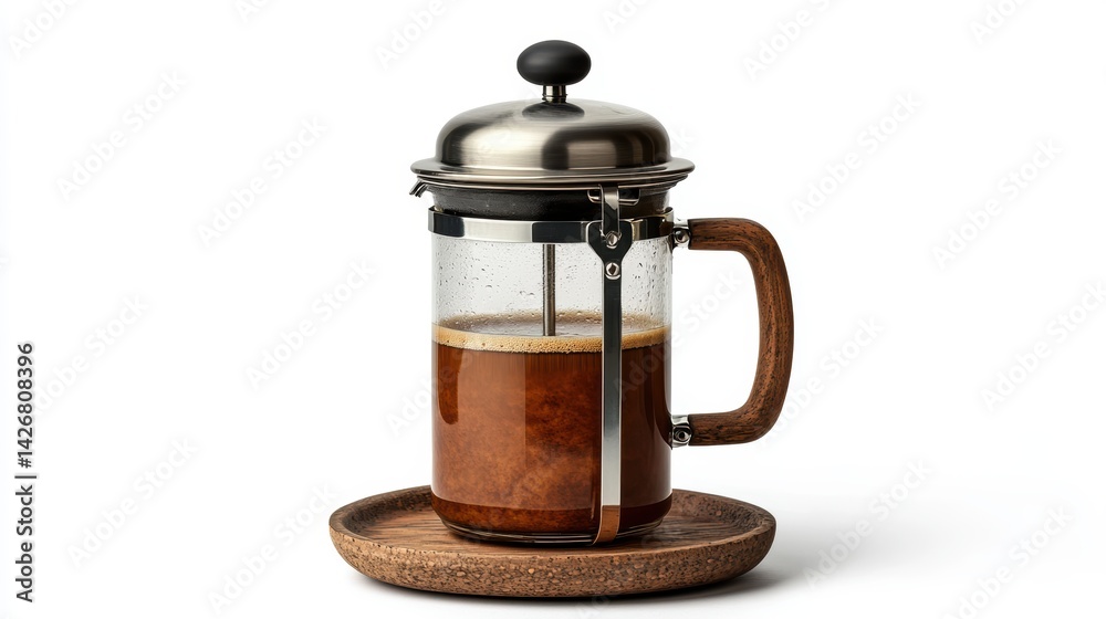 Close-up of person making coffee with French press, isolated on white background Close-up of person making coffee with French press, isolated on white background