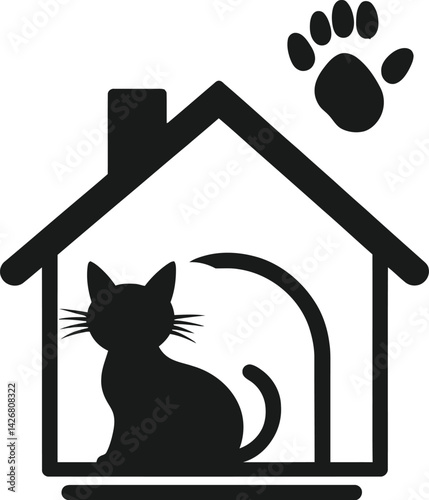 Cat Silhouette Inside Home Outline, Black White Pet Care Symbol with Paw Print