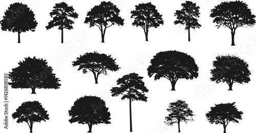 vector set of trees shrubberies flowers, silhouettes