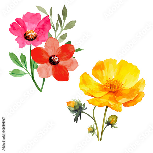 Watercolor Floral Clipart – Vibrant Hand-Painted Pink, Red, and Yellow Flowers with Green Leaves – Perfect for Wedding Invitations, Greeting Cards, and Spring Designs