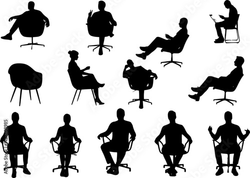 vector set of chairs and people silhouettes collection 