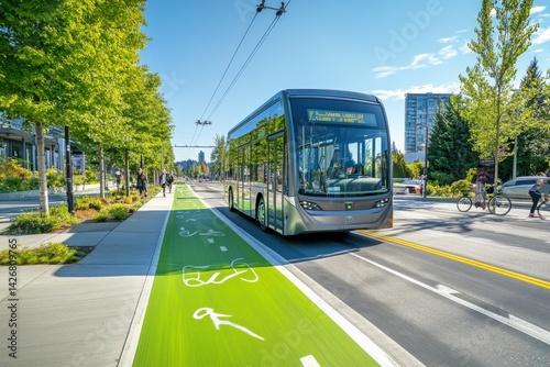 Modern electric city bus driving on sunny urban street with green bike lane and trees