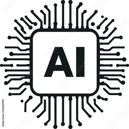 microchip AI symbol illustration, technology circuit processor vector, artificial intelligence concept black white