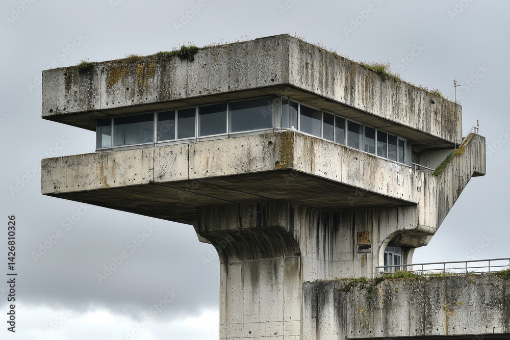 Large brutalist building with weathered facade and panoramic windows. Massive concrete architecture