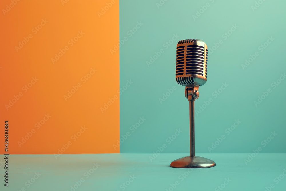 Vintage microphone on colorful blue and orange background. Concept of podcasting, music and retro media