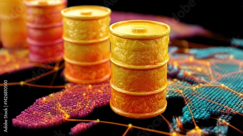Colorful oil barrels sit atop a vibrant world map illustrating global oil trade connections and economic dynamics on a digital platform photo