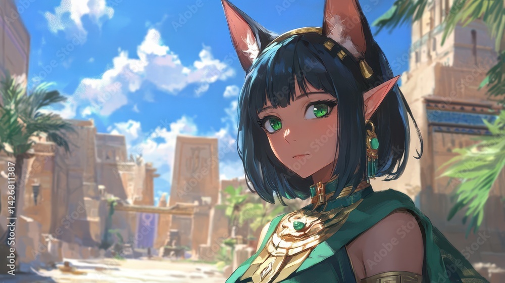Fototapeta premium A fantasy anime girl is depicted as an Ancient Egyptian pointy-eared elf, blending traditional elven features with Egyptian aesthetics.