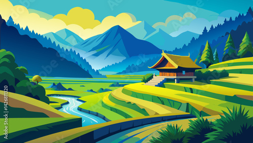 Picturesque Landscape Painting of a Serene Valley with Rice Paddies, Stream, and Tropical Ambiance