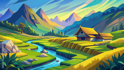 Picturesque Landscape Painting of a Serene Valley with Rice Paddies, Stream, and Tropical Ambiance
