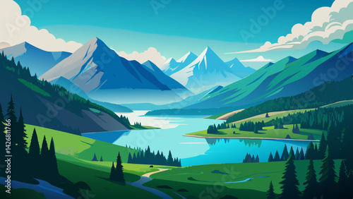 Alpine Valley Landscape with Tranquil Lake and Snow-capped Mountains