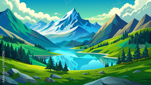 Alpine Valley Landscape with Tranquil Lake and Snow-capped Mountains