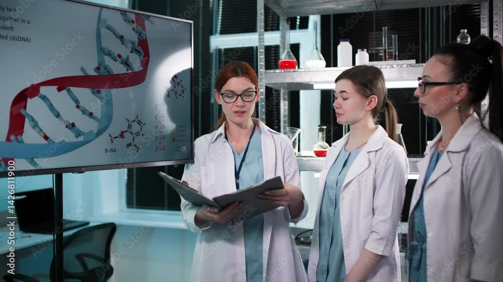 scientific research in medicine, young female doctors in medical gowns ...