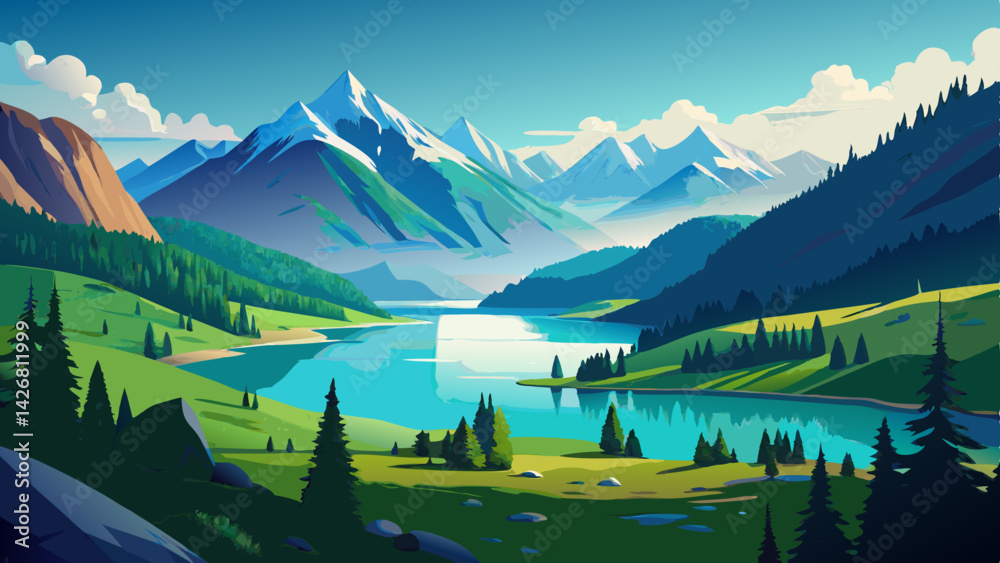 Alpine Valley Landscape with Tranquil Lake and Snow-capped Mountains