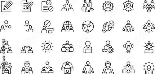 Workshop set of web icons in line style. Business Workshop icons for web and mobile app. Containing team building, teamwork, coaching, meeting, managing, coaching, motivation and more