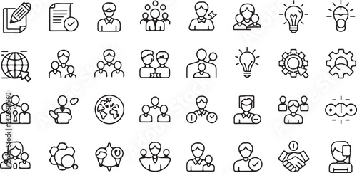 Workshop set of web icons in line style. Business Workshop icons for web and mobile app. Containing team building, teamwork, coaching, meeting, managing, coaching, motivation and more