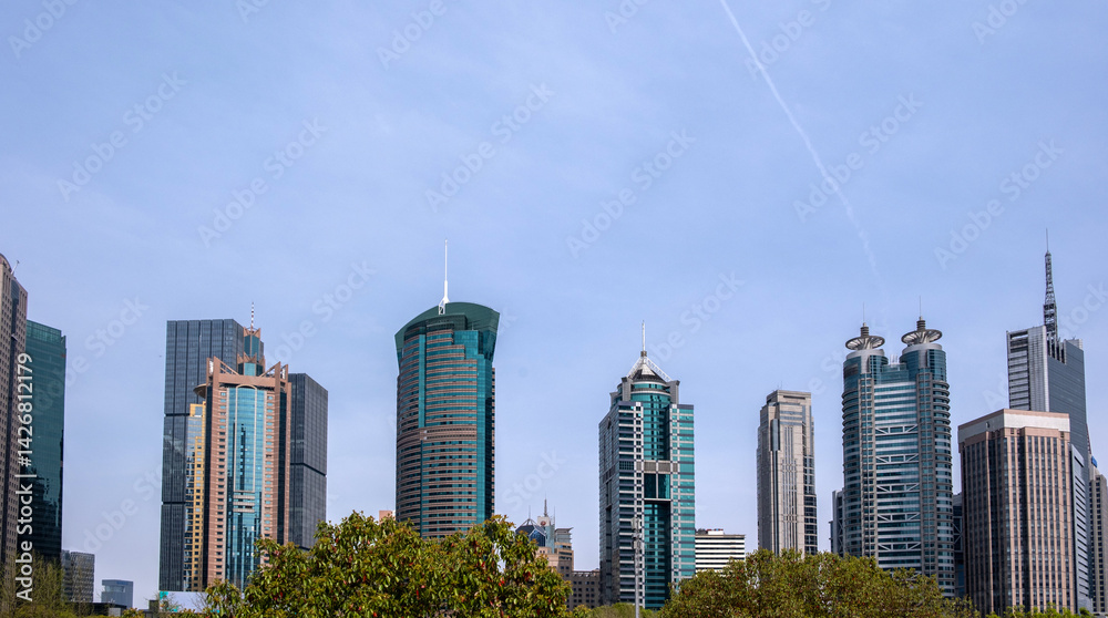 China, Shanghai Lujiazui skyline, modern high rise architecture, commercial skyscraper buildings