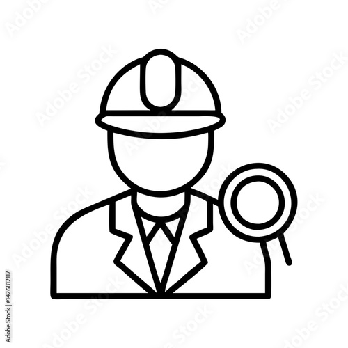 Engineer inspector construction worker with magnifying glass line art vector design icon symbol outline drawing