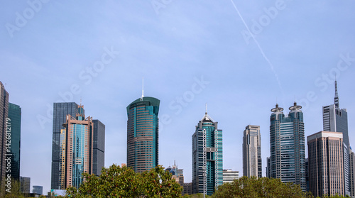 China, Shanghai Lujiazui skyline, modern high rise architecture, commercial skyscraper buildings